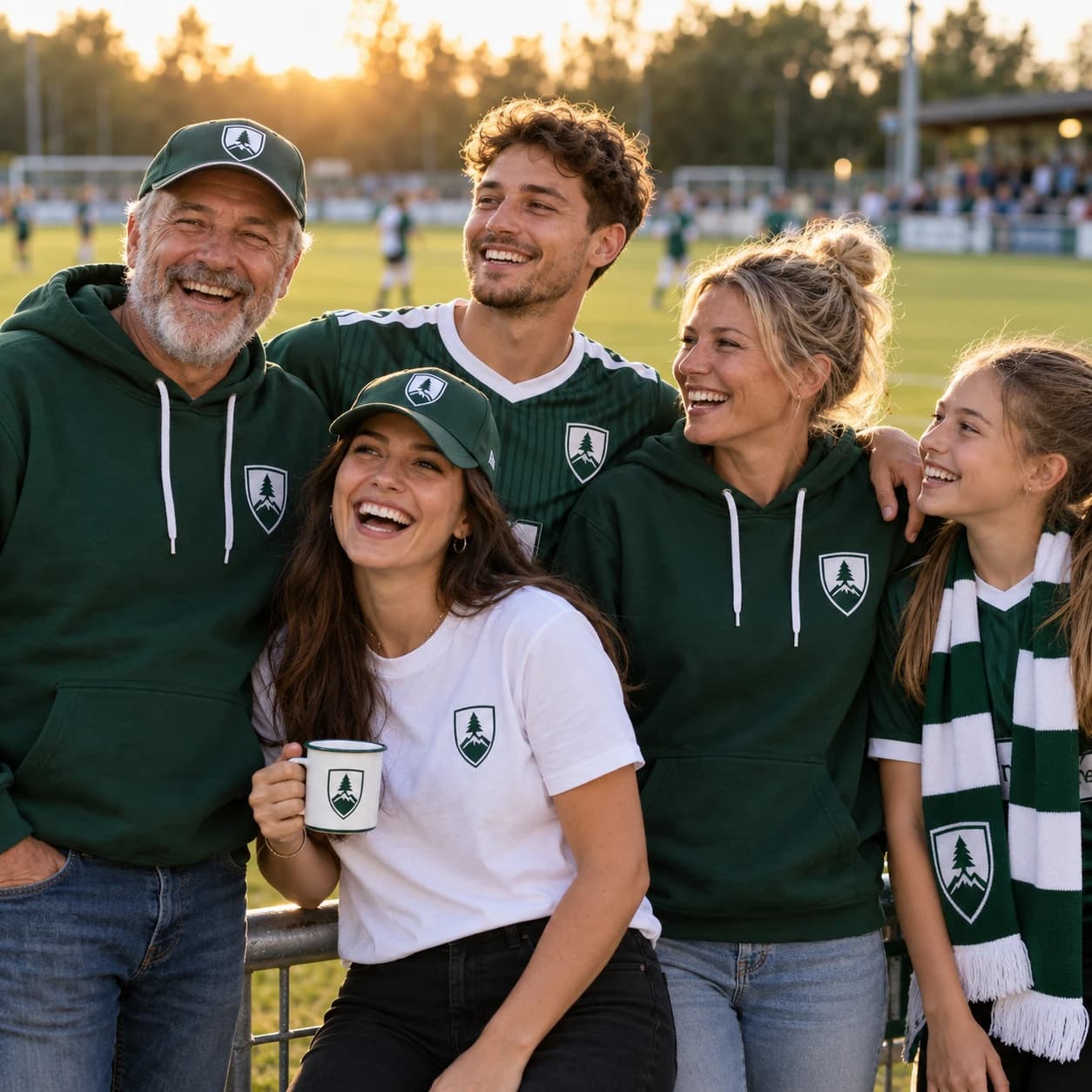 Vereinsmitglieder am Sportplatz in passendem Vereinsmerch: Hoodies, T-Shirt, Cap, Trikot und Tasse mit Vereinswappen